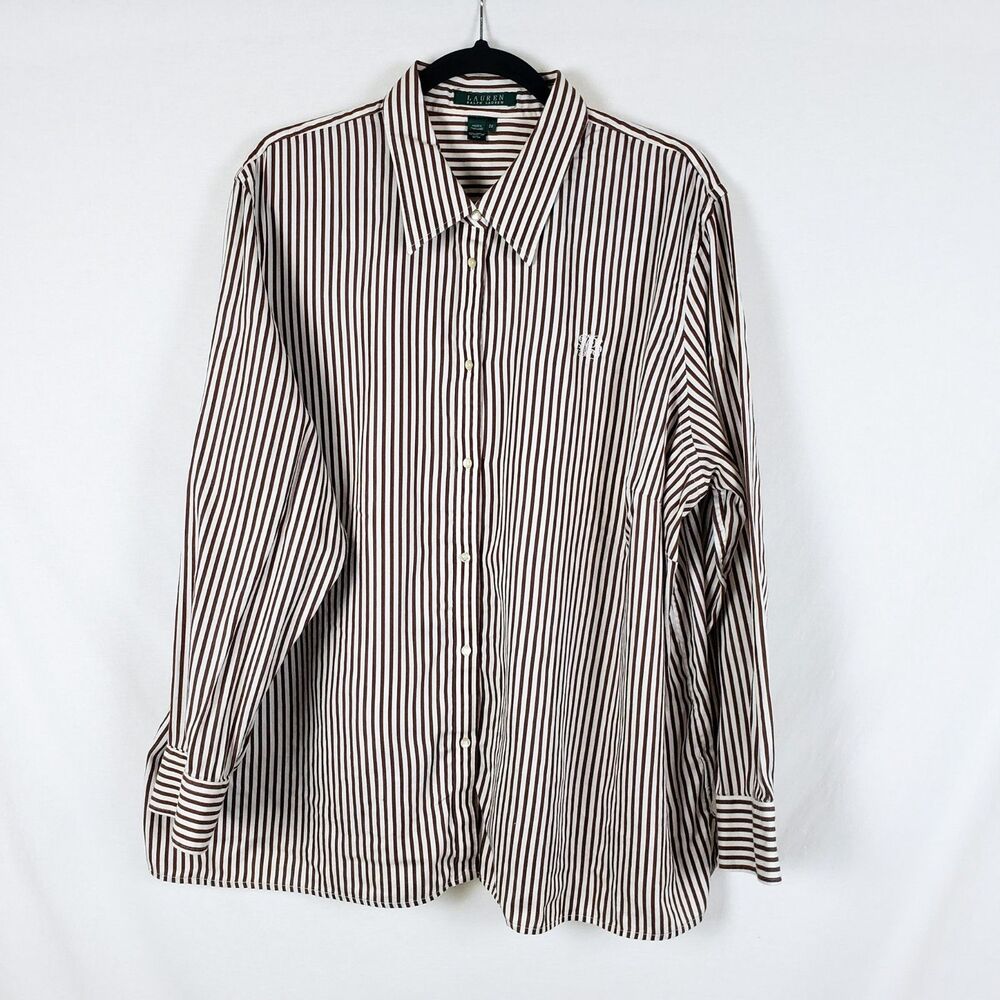 Lauren Ralph Lauren Classic Preppy Brown Striped Button Up Shirt Womens 3X LRL